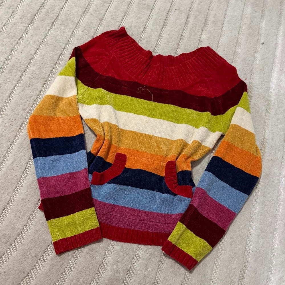 VTG Y2K MKM Designs rainbow striped sweater size Large Retro Punk Streetwear